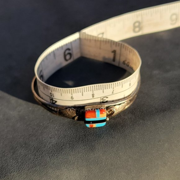 Native American 925 sterling silver square inlay squash blossom vintage bracelet - Picture 6 of 15